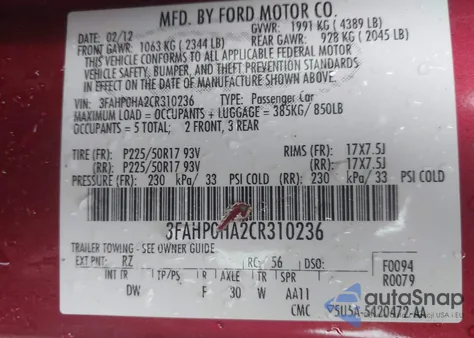 2012 Ford Fusion Se z USA, uszkodzony, nr VIN 3FAHP0HA2CR310236